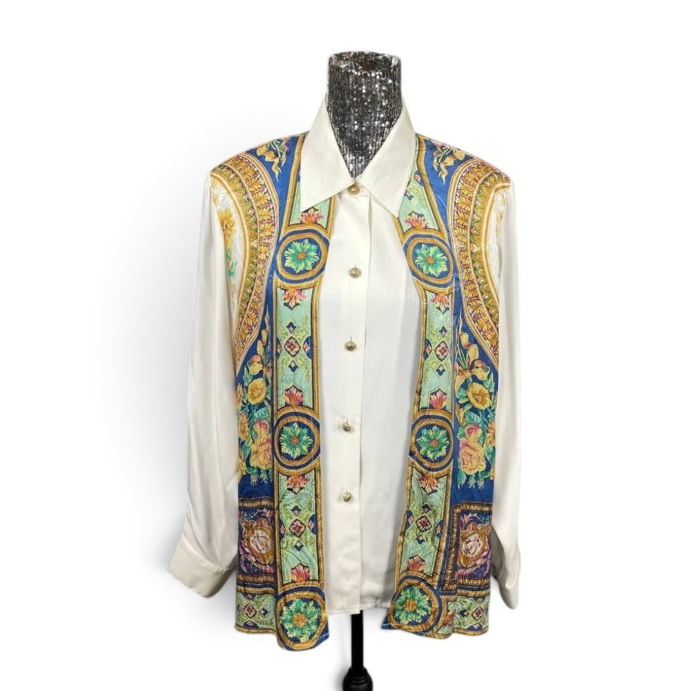 Jerri Sherman Vintage 100% Silk Button Up Shirt Baroque Floral Print Size 12